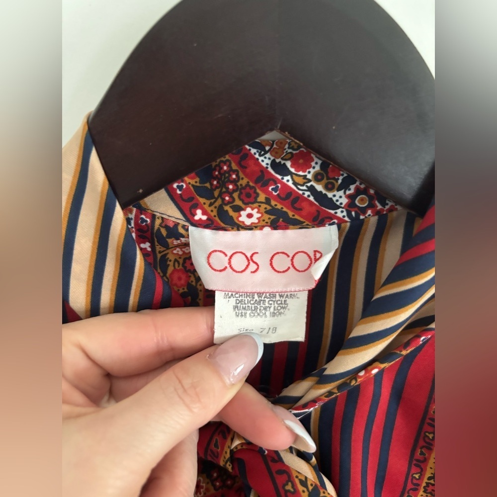 Vintage 70’s Blouse Ditsy Floral Stripes Tie Neck Pussybow Red Cream Navy S​​ - Picture 6 of 9
